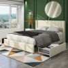 Anna Patented 2-Drawer Storage Bed Queen Size Ivory Velvet Upholstered Wingback Platform Bed, Modern Design Headboard with Tight Channel