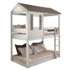 Rustic White Twin Over Twin Bunk Bed with Built-in Ladder