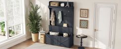 Hall Tree with Storage Bench, Entryway Bench with Drawer and 5 Hooks, Coat Rack with Display Shelf for Hallway Entryways, Dark Blue