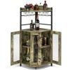 Industrial Corner Bar Cabinet with Glass Holder and Adjustable Shelf