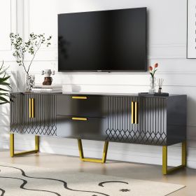 Modern TV Stand for TVs up to 75 Inches, Storage Cabinet with Drawers and Cabinets, Wood TV Console Table with Metal Legs and Handles for Living room (Color: Black)