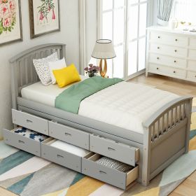 Twin Size Platform Storage Bed Solid Wood Bed with 6 Drawers (Color: gray)