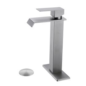 Waterfall Spout Bathroom Sink Single Handle Faucet with Pop-Up Drain (No Overflow) (Color: as Pic)