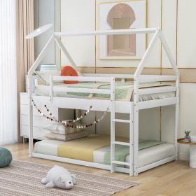 Twin over Twin Low Bunk Bed, House Bed with Ladder , White (Color: White, Style: Standard)